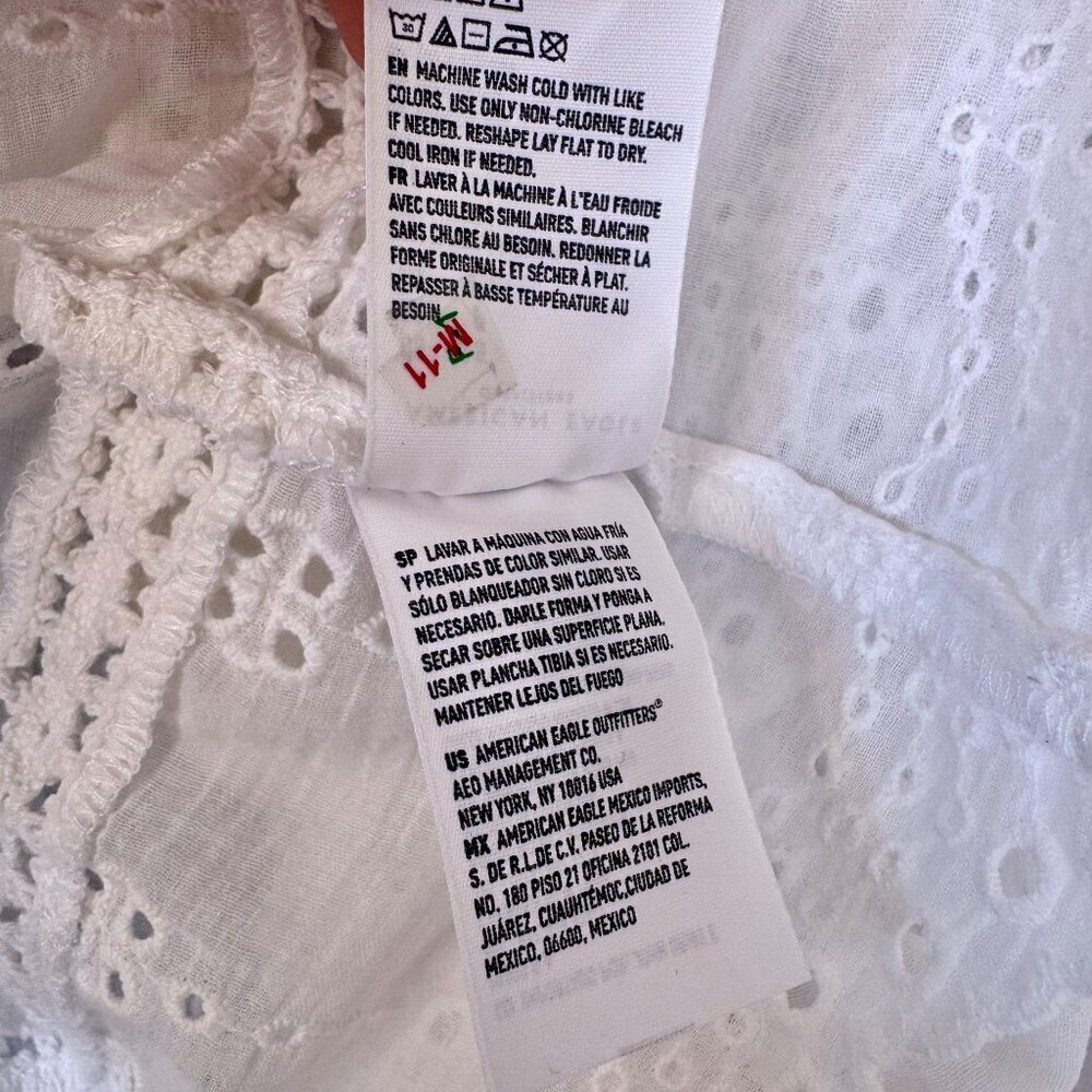 American Eagle White Embroidered Lace Ballon 3/4 Sleeve Peasant Babydoll Blouse - Picture 14 of 16